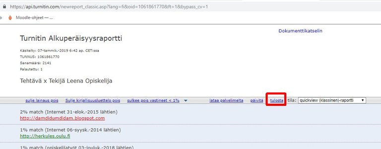 Tulosta Turnitin-raportti 2