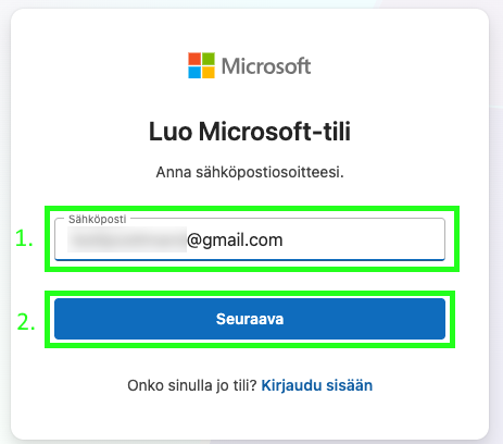 Voit luoda tilin esim. gmail- osoitteella.
