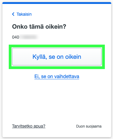 Varmista, että puhelinnumero on oikein