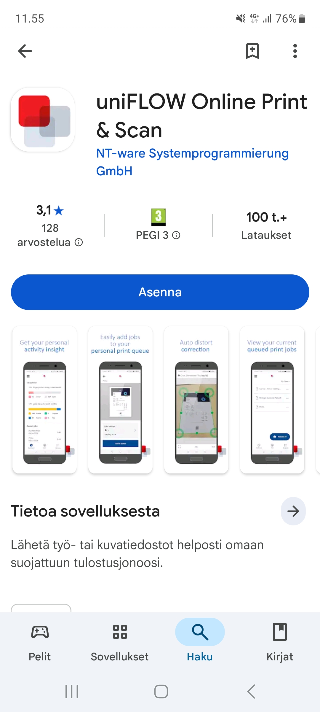 Google Play kauppa, josta haettu sovellus uniFLOW Online