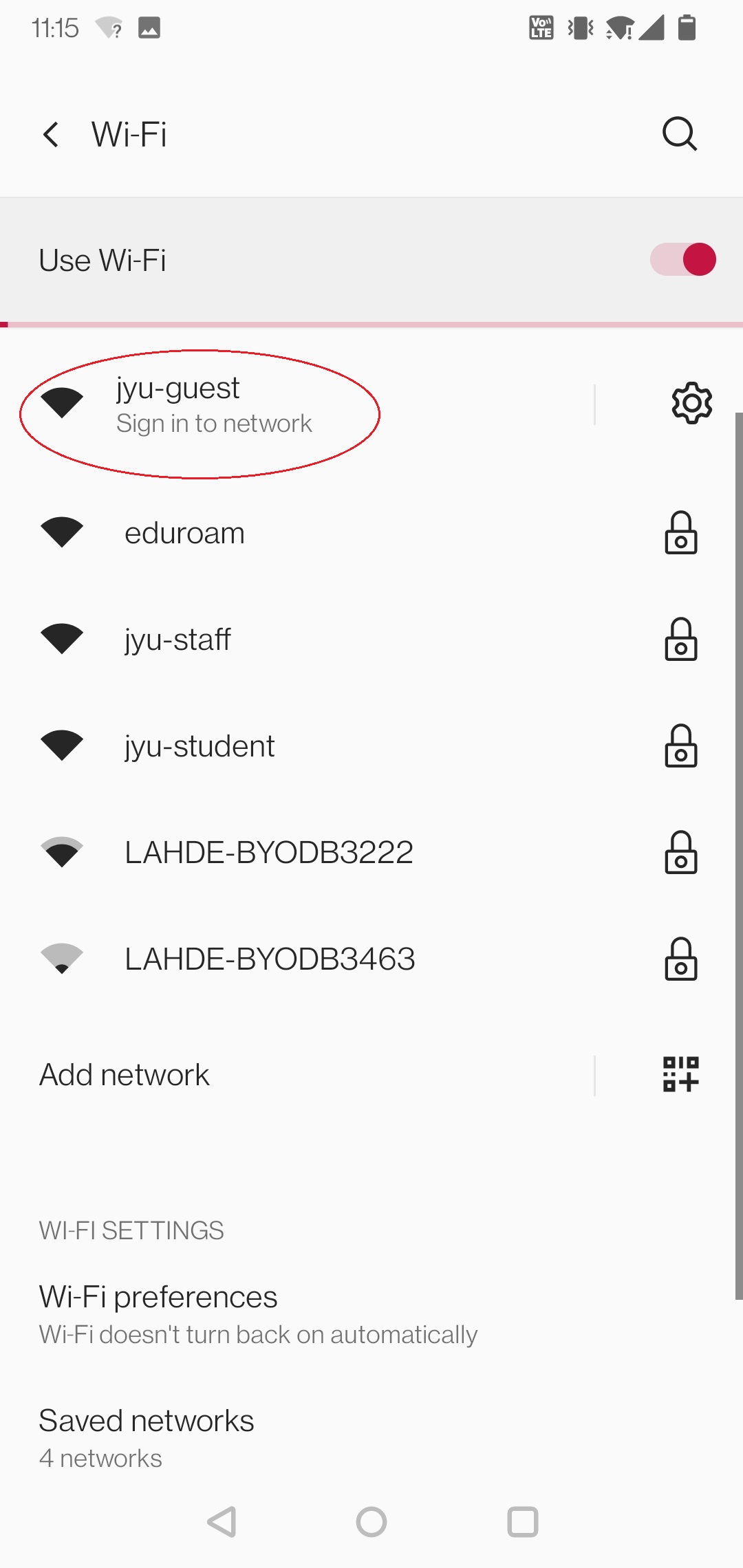 You will see a list of all the wireless networks in the nearby area. Select jyu-guest.