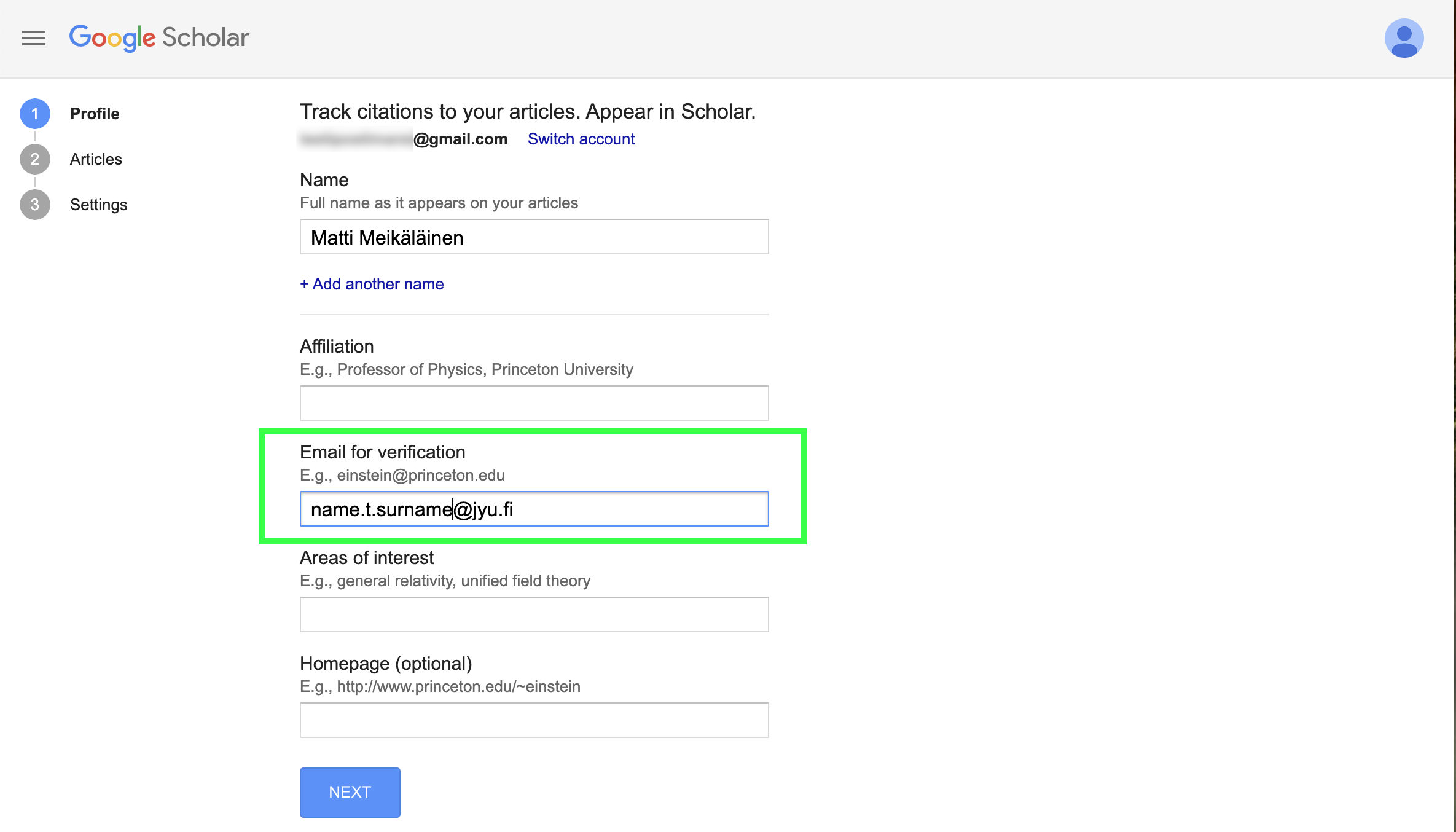 Enter your profile details in the form.