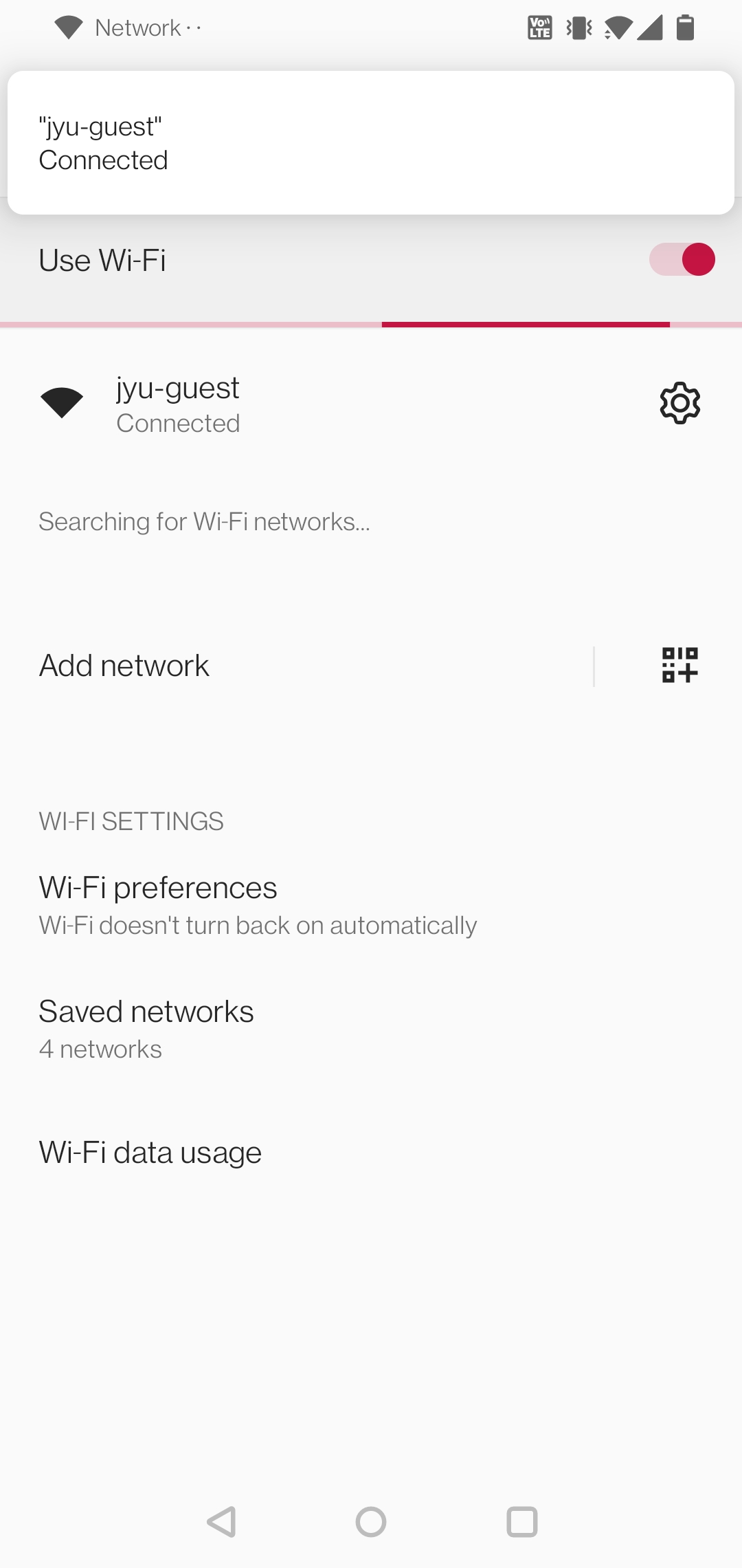 We're back in the Wi-Fi settings on your phone. You will now see "Connected" under jyu-guest.