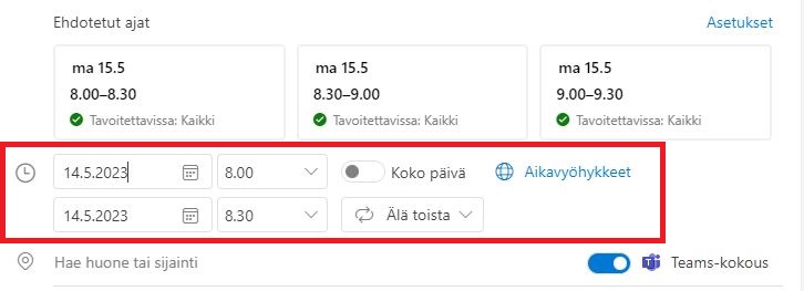 Kuvassa selainversio Outlook kalenterista.  Kun olet lisännyt henkilöt, ehdottaa ohjelma ajan kohtaa. Valitse päivä milloin haluat kokouksen pidettäväksi ja ohjelma kertoo onko kaikki sinä päivänä vapaina ja mihin kellon aikaan. 