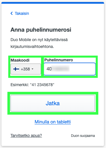Kirjoita tyhjään kenttään puhelinnumero johon asennat Duo sovelluksen