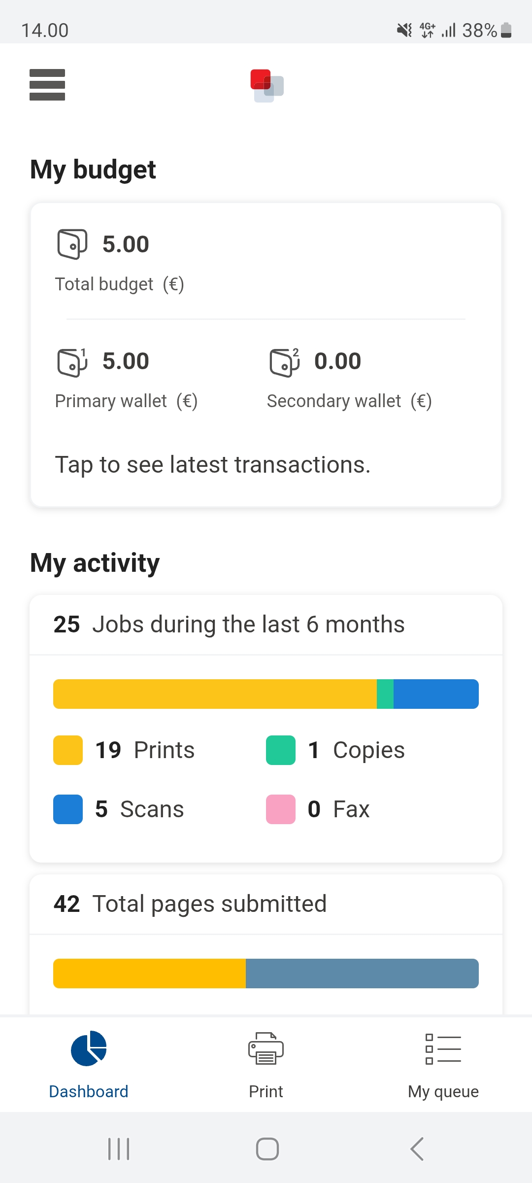 Dashboard in the uniFLOW app on your phone.