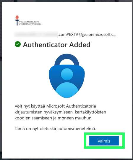 Authenticator- sovellus on lisätty