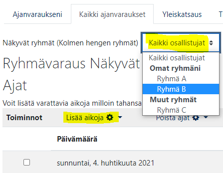 Ryhmät -valikko