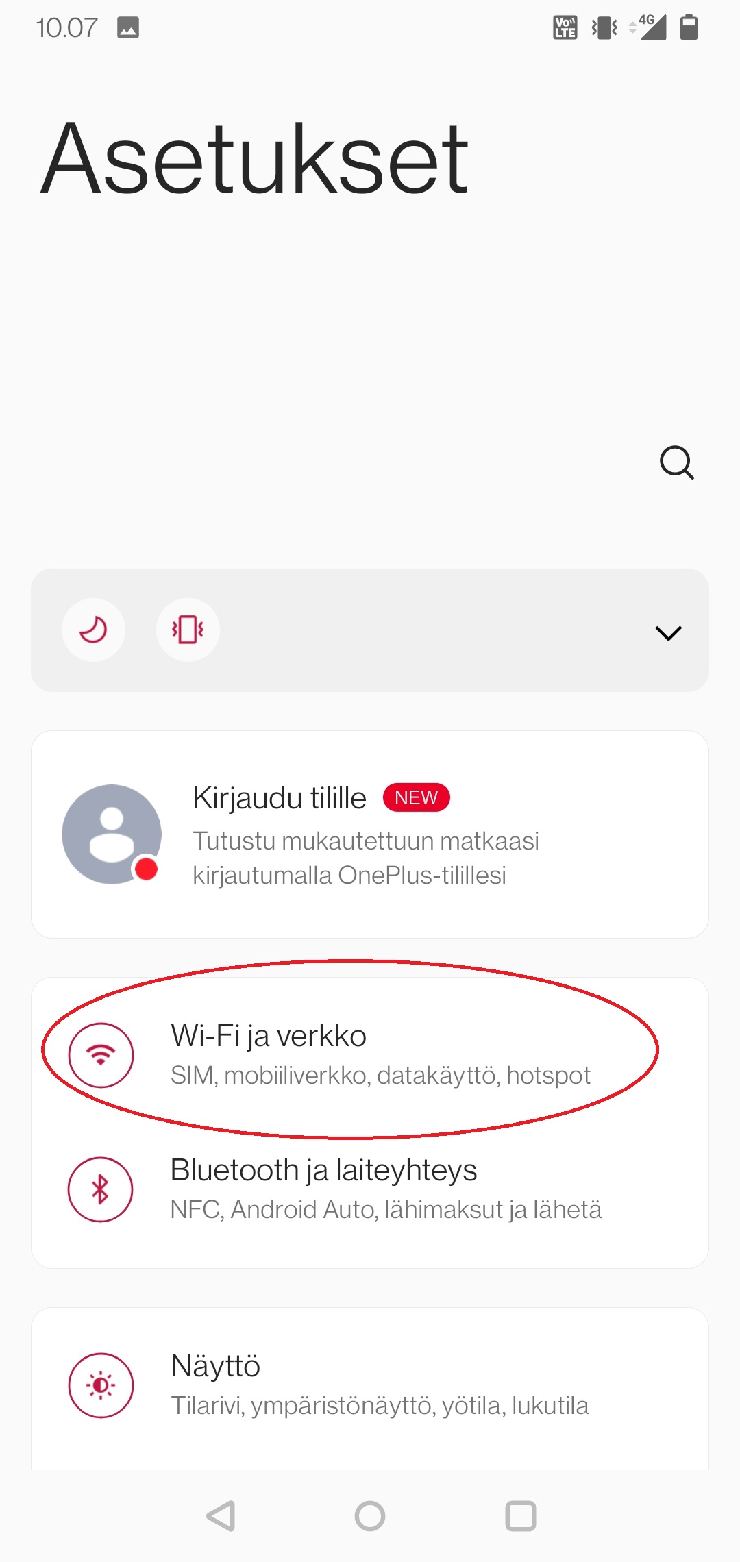 Puhelimen asetukset näkymä