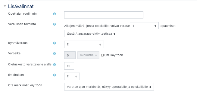 Asetuksen Lisävalinnat näkymä