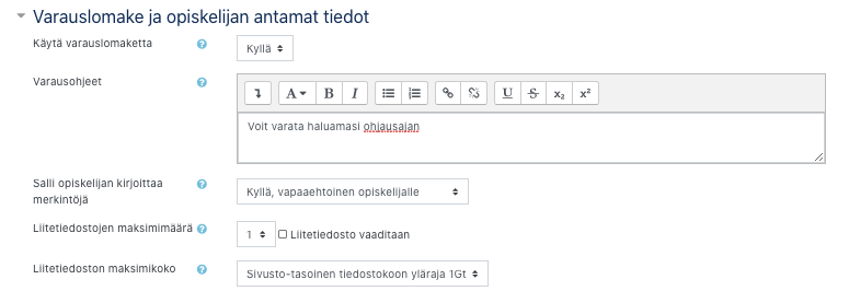 Varauslomakkeen asetukset