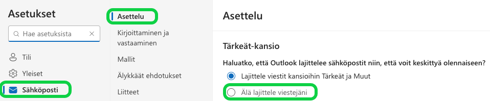 New Outlook- työpöytäsovelluksella tai Outlookin selain versiossa voit poistaa lajittelun, menemällä sähköpostin asetuksiin, sieltä "Sähköposti", "Asettelu" ja "Älä lajittele viestejäni".