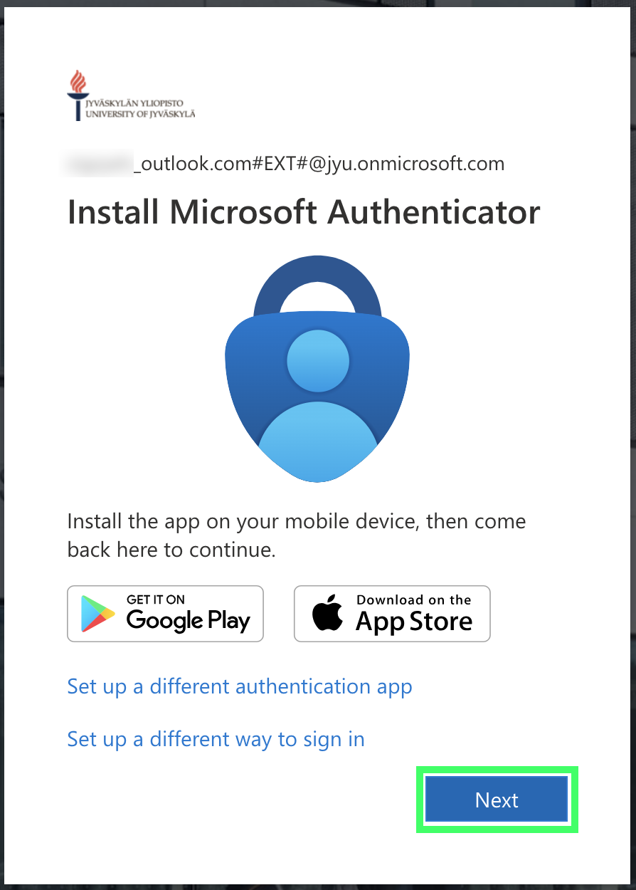 Install Microsoft Authenticator- window