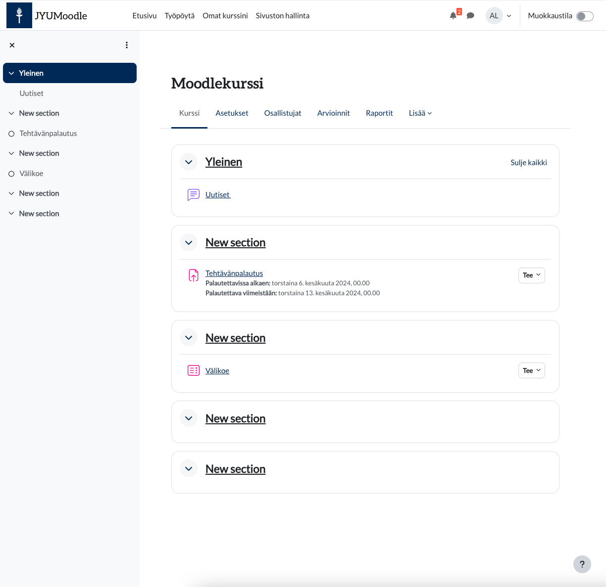 Moodlen 4.4 version kurssialue
