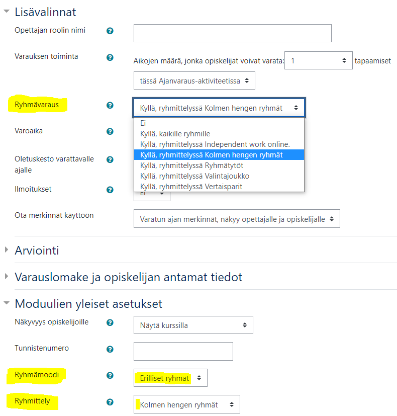 Ryhmävarauksien asetus-näkymä