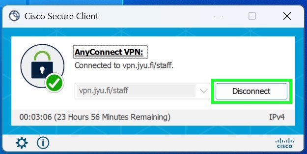 Klikkaa "Disconnect" jos haluat sulkea vpn yhteyden