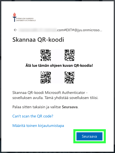 Skannaa QR-koodi Microsoft Authenticator sovelluksella