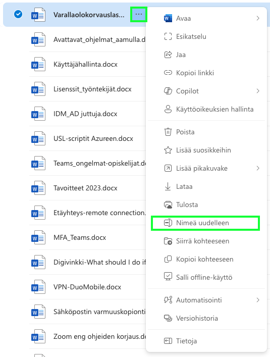 OneDrivessa dokumentin kohdalla kolmen pisteen takaa valinta nimeä uudelleen