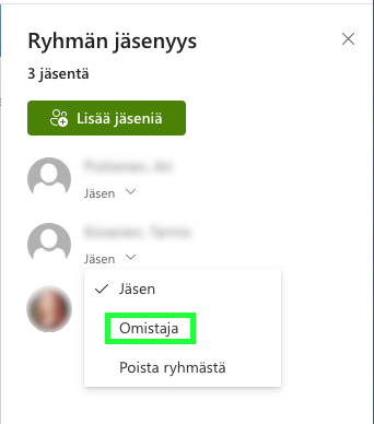 SharePoint tai Teams ryhmän/tiimin käyttöoikeuksien muokkaaminen