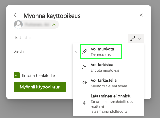 Tiedostojen käyttöoikeuksien muokkaaminen Sharepointissa