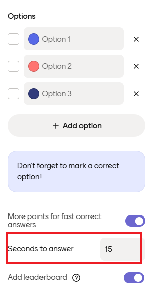menti quiz settings choose answer time etc