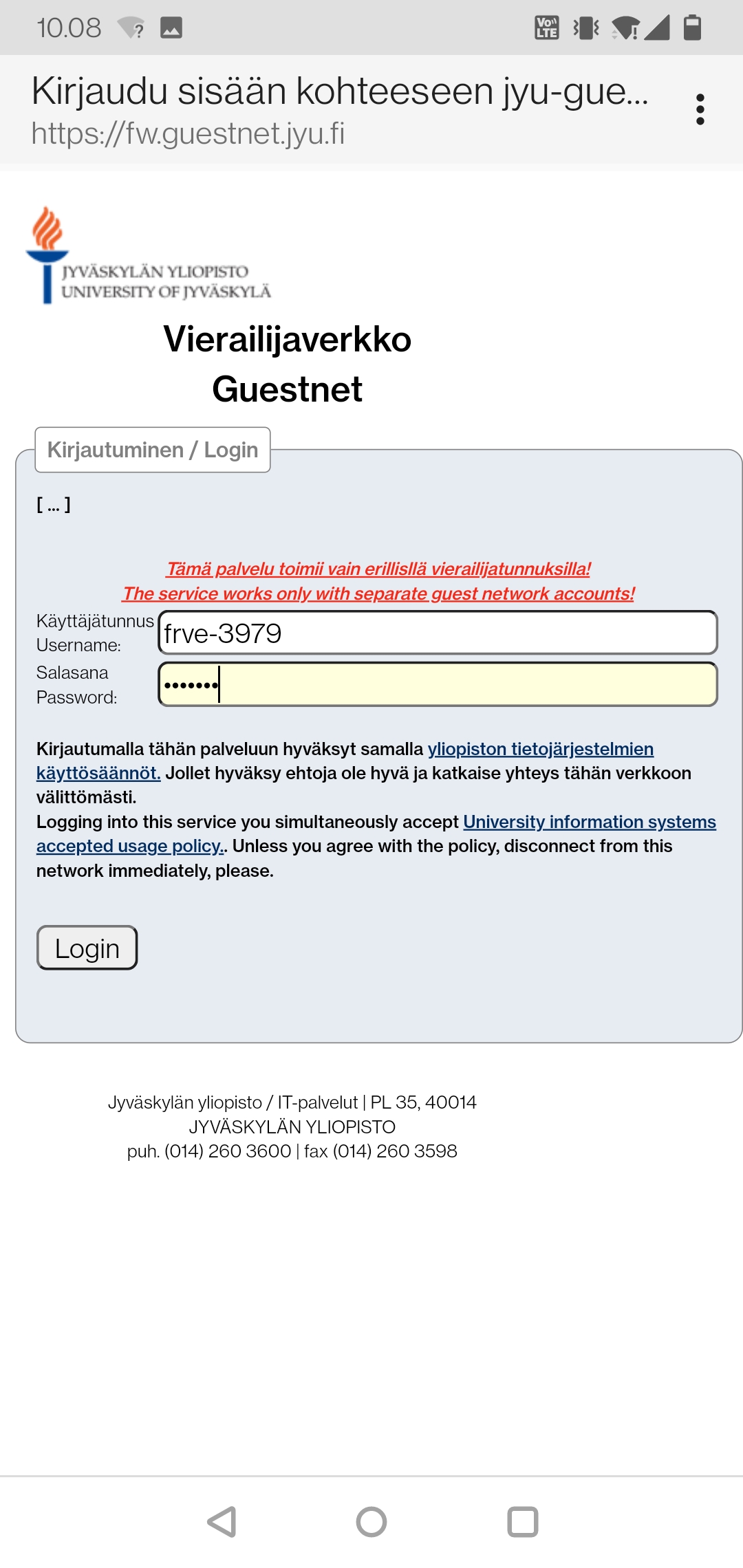 Kirjoita saanut tunnukset haluttuihin kenttiin