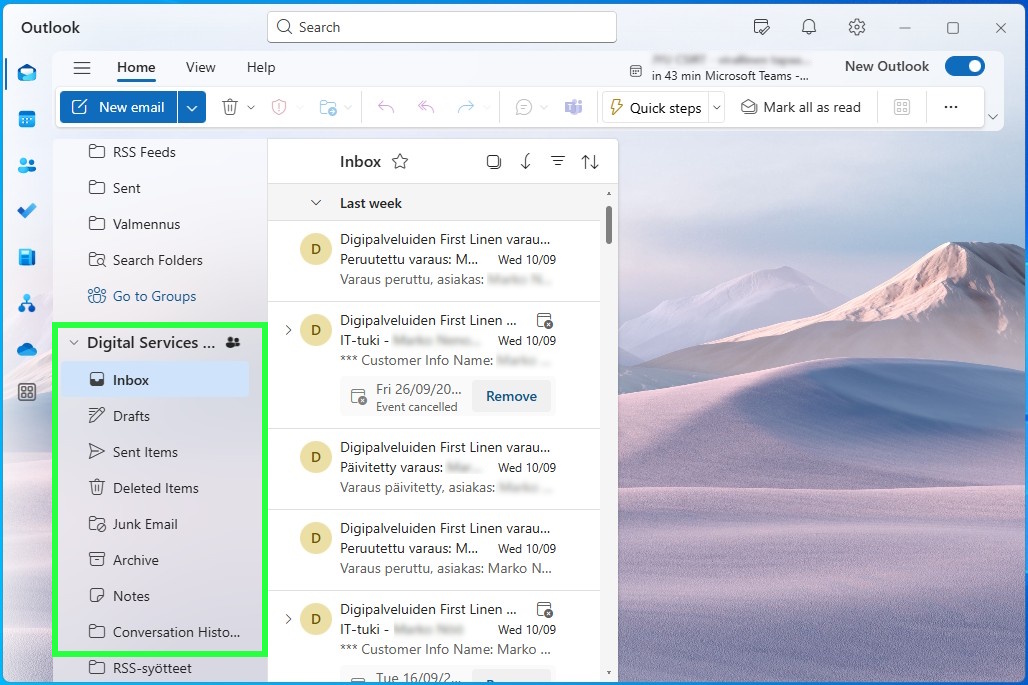 Outlook New- työpöytäsovellus perus näkymässään.