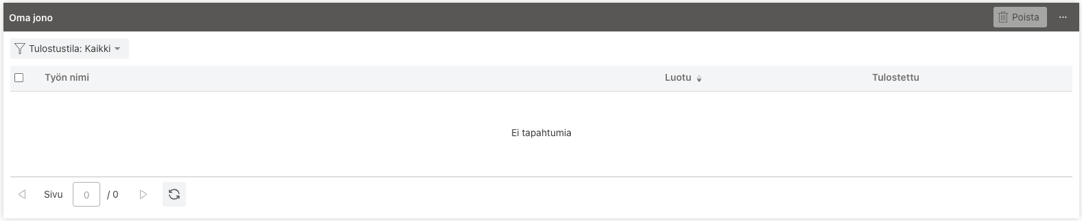 uniFLOW Online etusivu, oma jono.