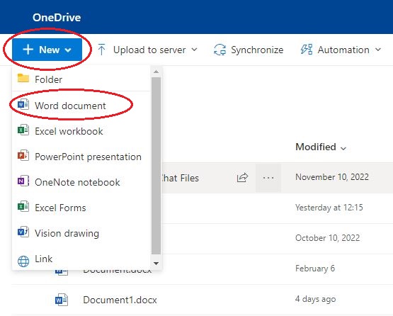 The picture shows the online version of OneDrive. At the top of the page you can select "+New" and from there "Word Document".