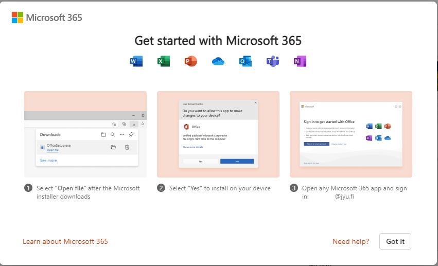 Installation instructions on the Microsoft 365 portal.