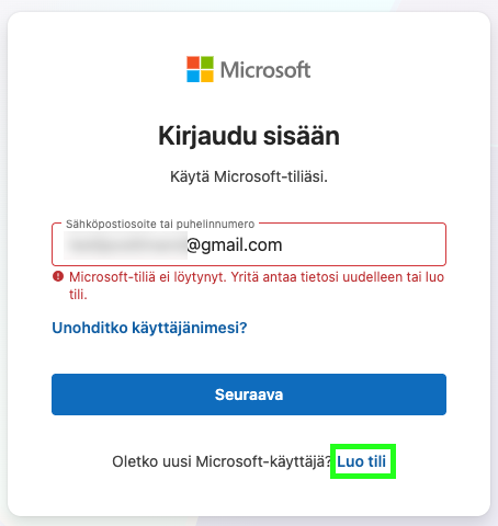 Microsoft ilmoittaa, että gmail- sähköposti ei ole Microsoft tili.