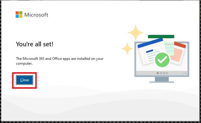 The installation of the Microsoft 365 package is complete.