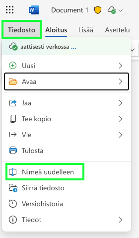 Word Onlinessa, tiedosto, nimeä uudelleen.