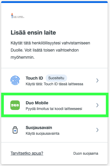 Valitse valinnoista Duo Mobile
