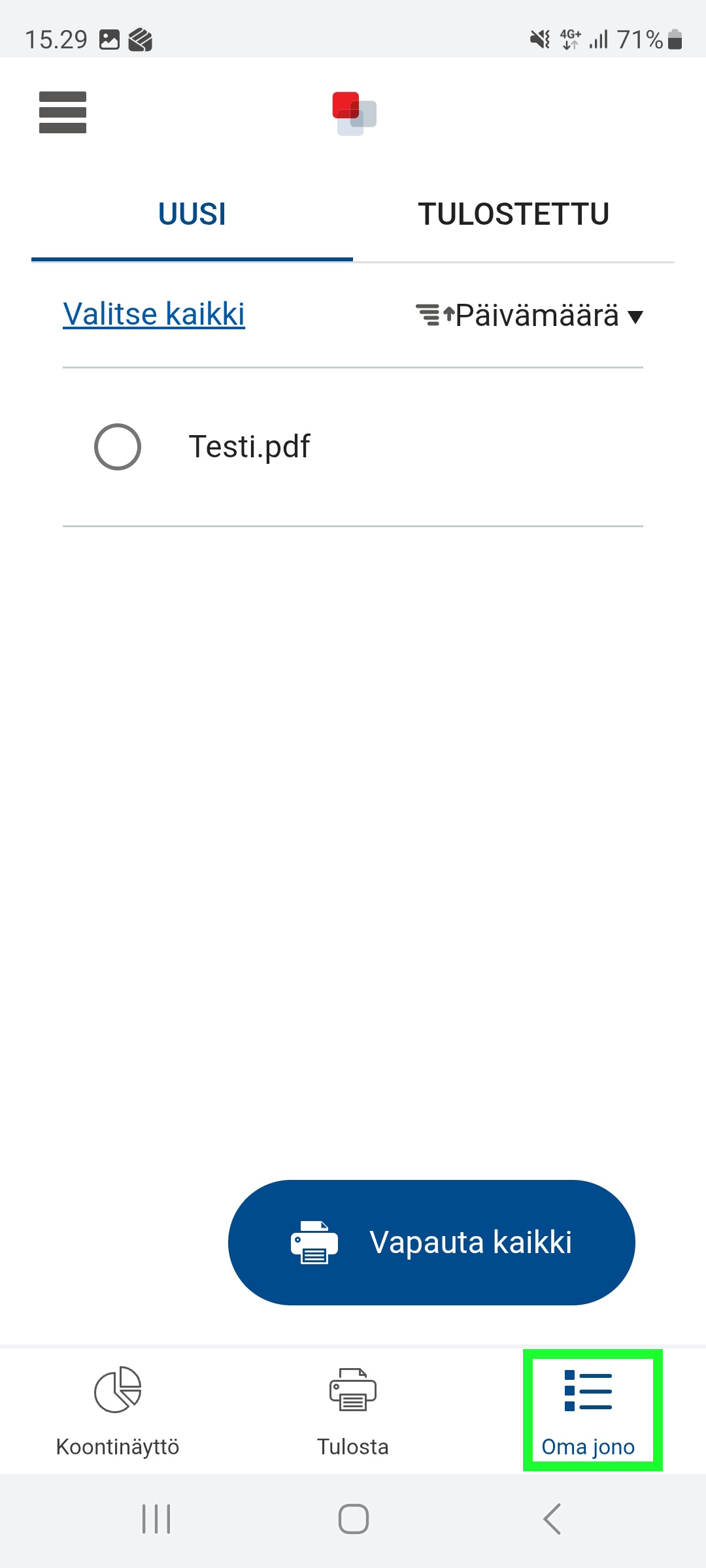 Oma jono- välilehti puhelimen uniFLOW Online sovelluksessa.
