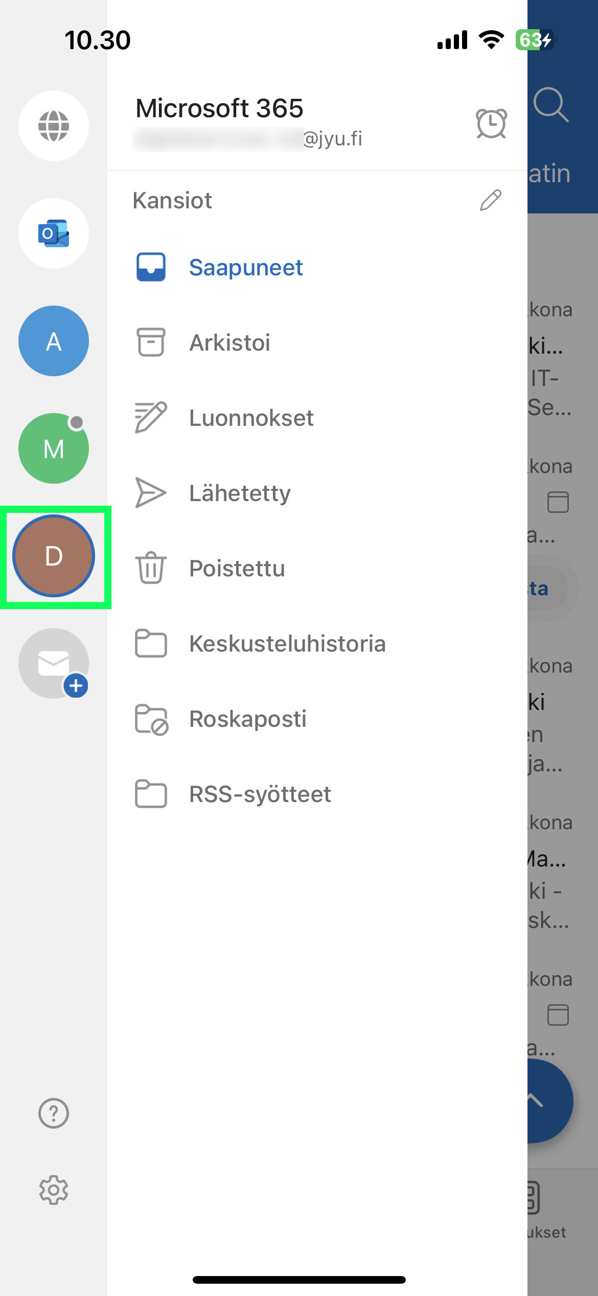 Roolipostilaatikko ilmestyy jyu sähköpostin rinnalle Outlook- sovellukseen.