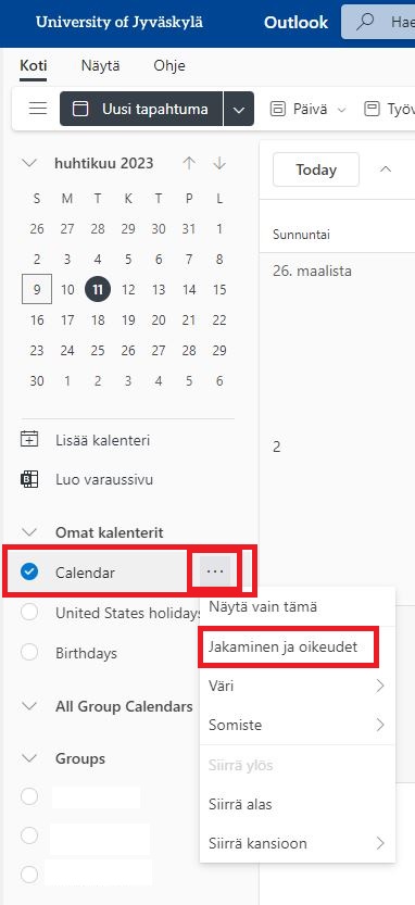 Kuvassa selainversio Outlook kalenterista. 