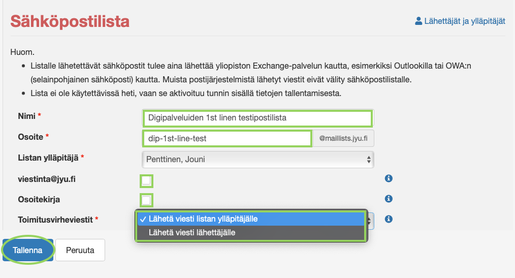Sähköpostilistan asetukset Sähköpostilistan asetukset