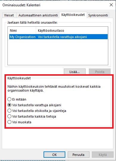 Kuvassa Outlook-sovelluksen käyttöoikeus asetukset. Asetukset löydät kun klikkaat hiiren oikealla "Calendar" kohtaa vasemmasta palkista.