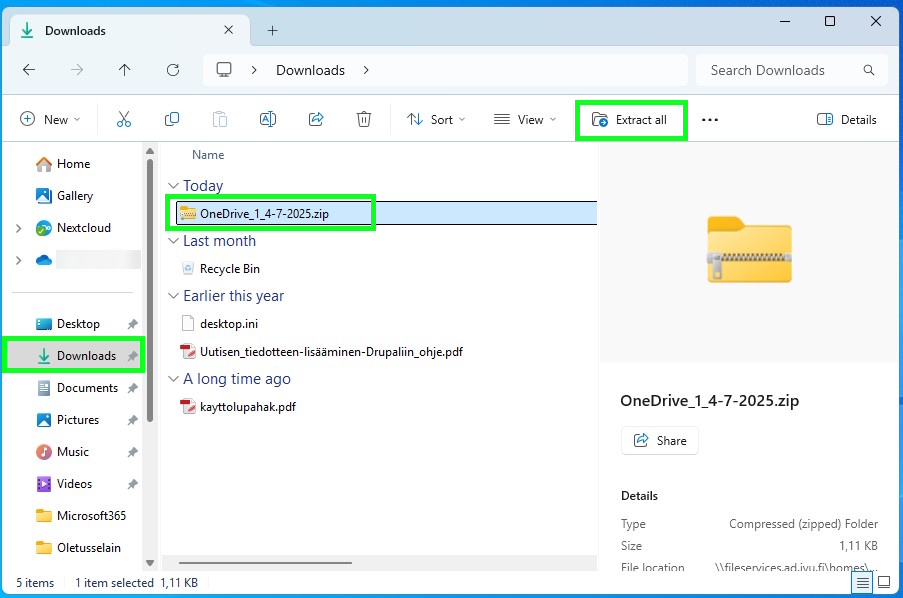 Click .zip file and select "Extract all".