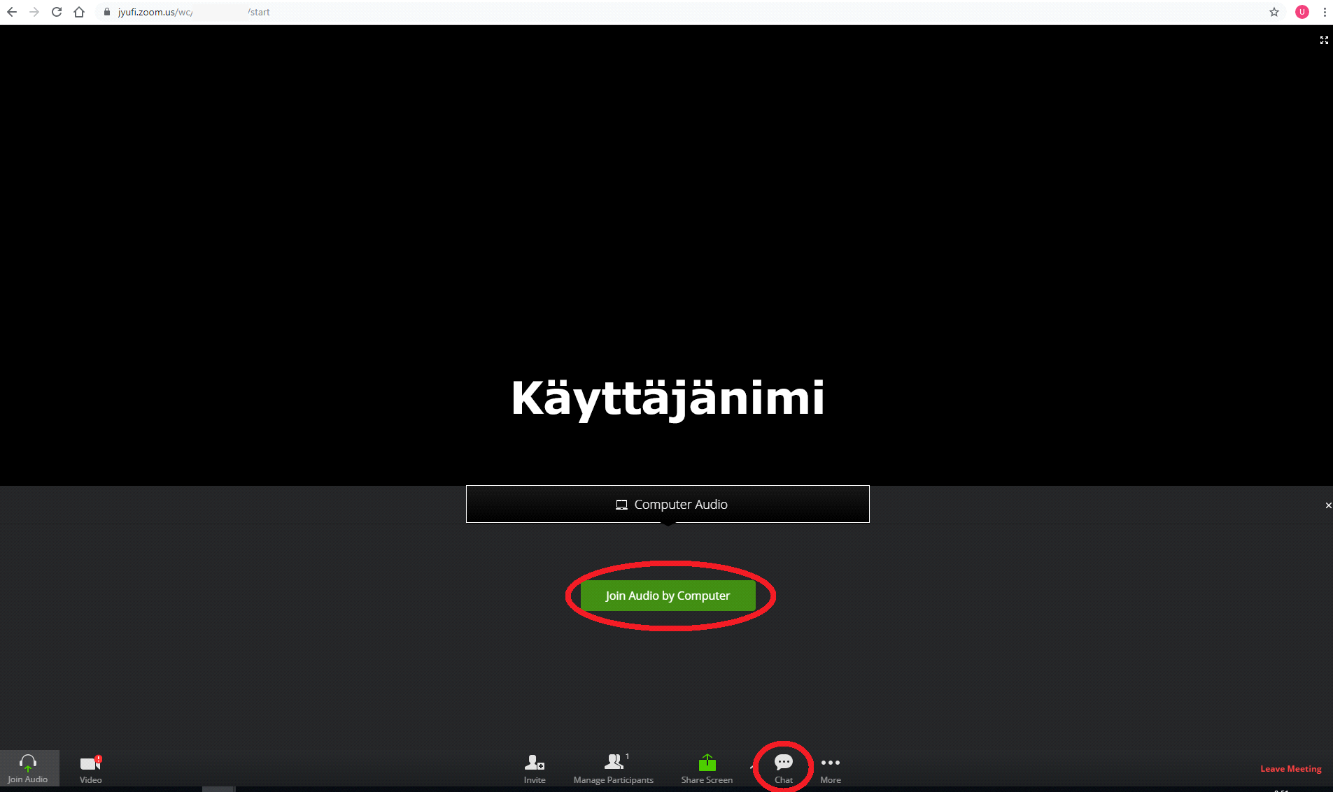 Zoom-selainkäyttöliittymän alkunäyttö