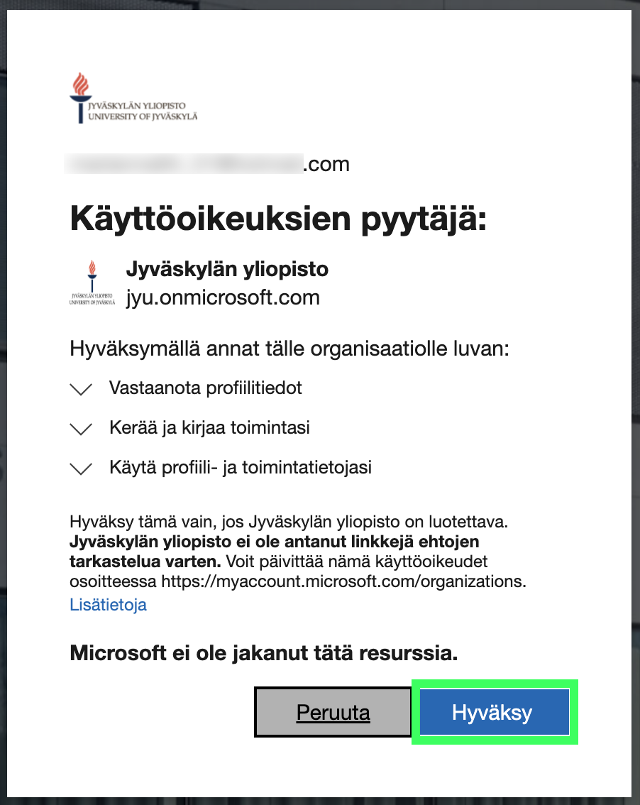 Hyväksy käyttöoikeudet
