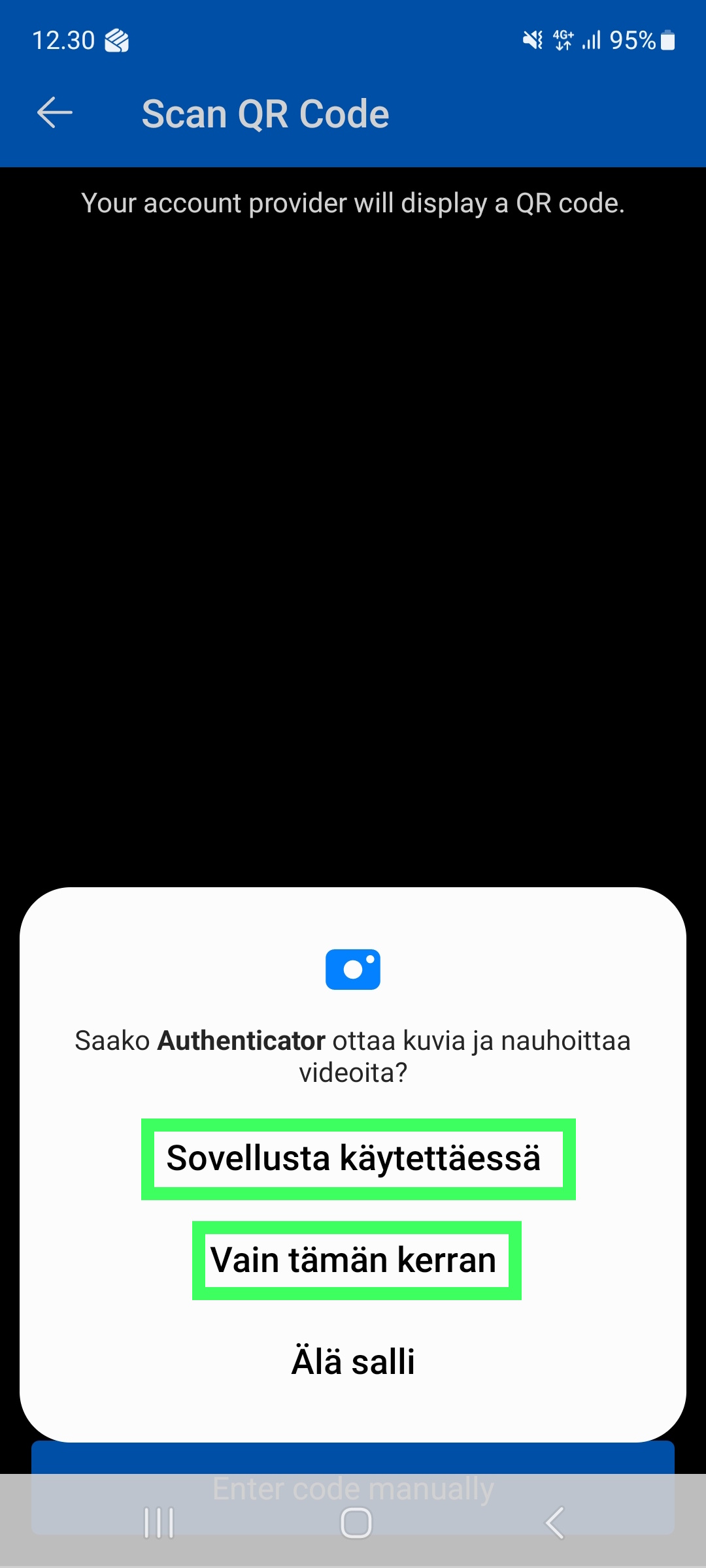 Hyväksy sovellukselle kameran käyttö