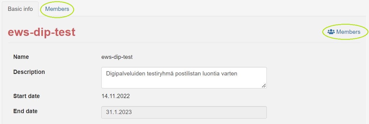When you click on the email name, it opens a page with basic info about the mailing list. There you will find the mailing list name, description and member details.