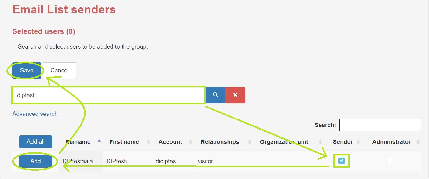 Email list senders. Here you can edit the senders.