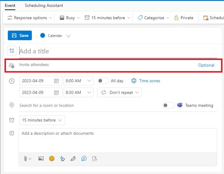 The picture shows an Outlook calendar. When you click on "New Event", a form will open where you can enter the participants in the "Invite attendees" field.