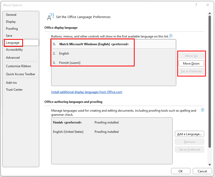 Word Language menu