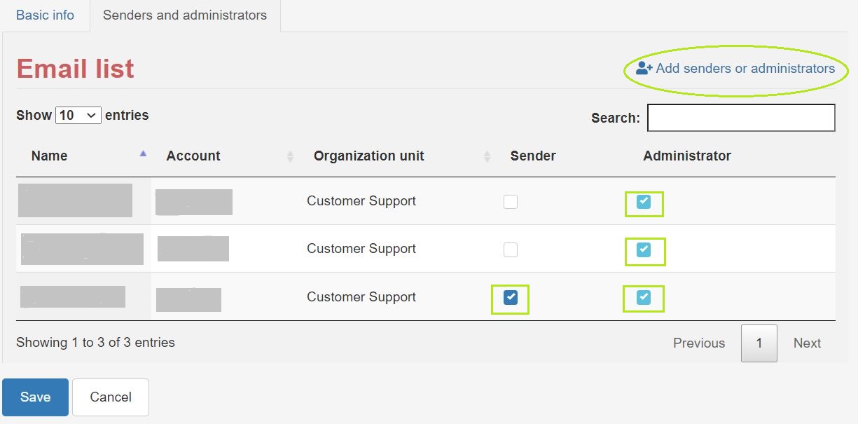 Email list senders and admins. From this page you can manage members of the email list.