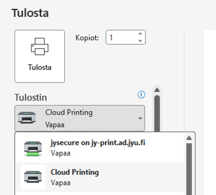Cloud Printing on valittavana tulostimeksi kun olet tulostamassa dokumenttia.