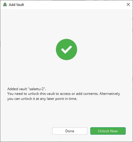 The form will show a picture with a green ball and a "successful" mark in the middle. You will also be asked to open a new encrypted storage.